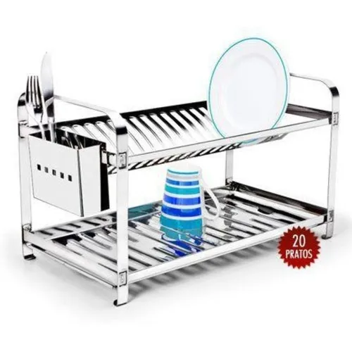 Escorredor De Pratos Em Inox Fixo 20 Pratos C/ Porta-talher.