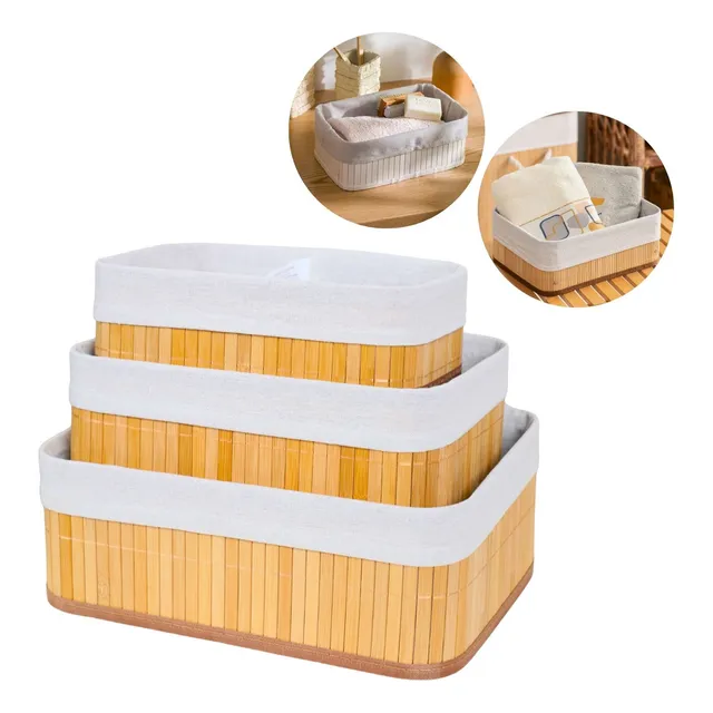 Kit 3 Cestos Organizador De Bambu Multiuso Com Forro
