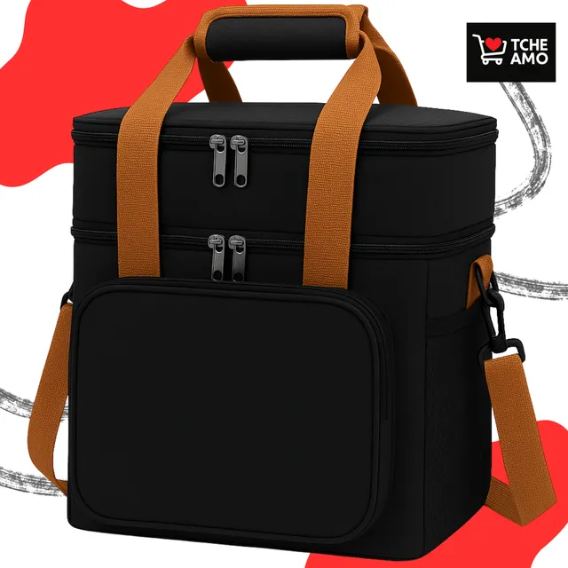 Bolsa Isotérmica Térmica Lancheira 14L Porta marmita Alça Transversal Removível De Ombro Academia Trabalho Passeio 2 compartimentos Elegante Premium Cor Preto Tche Amo