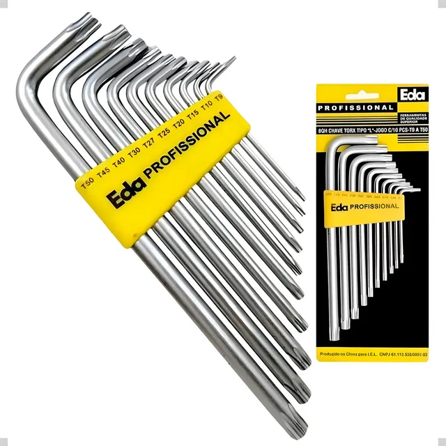 Jogo Chave Torx Tipo L 10 Peças T9 A T50 Aço Carbono Eda Prateado