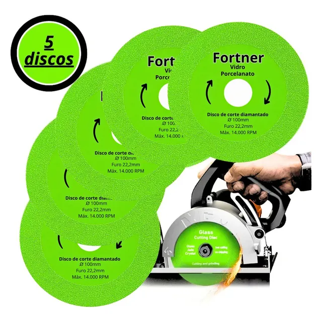 Discos Corte Diamantado Fortner 100mm Vidro Porcelanato Kit 5 Pçs