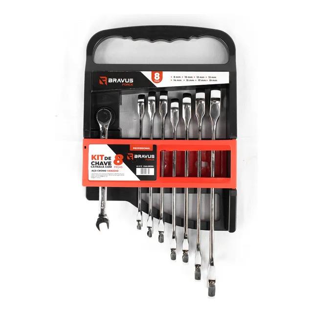 Jogo Chaves Combinada Catraca Bravus Force 8 a 19mm 8 Peças Aço Cr-V