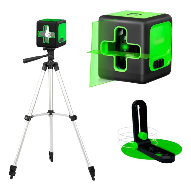 Nível A Laser Verde 2 Linhas Esquadro + Suporte + Tripé Recarregavel Profissional Prumo 20m Autonivelante Marca Bahrein