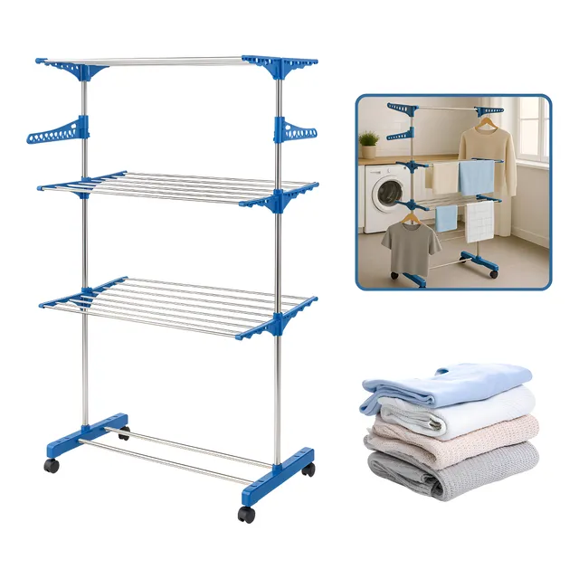 Varal De Chão Dobrável Com Rodinhas, 3 Andares Reforçados E Retráteis, Suporta Até 30 Kg Ideal Para Apartemento
