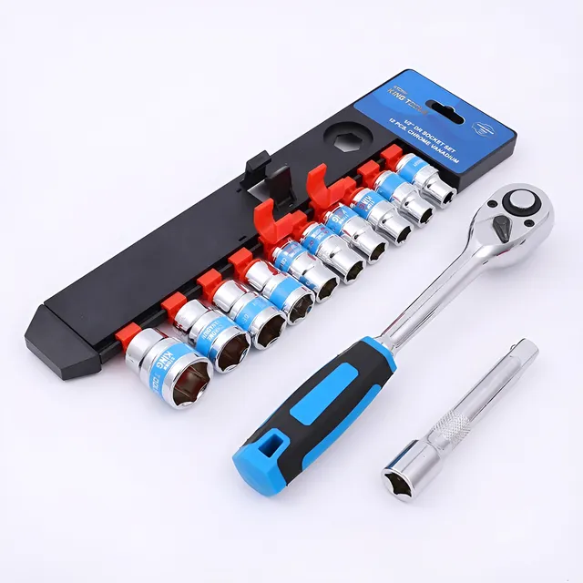 Jogo Sextavado Soquete 1/2 Com Catraca 12 Pcs E Extensão Azul-aço