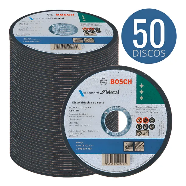 Kit Discos De Corte Bosch 4.1/2 Para Aço Inox E Metal Kit Com 50