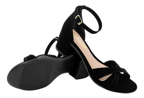 Saltinho Baixo Feminino Sandália Salto Grosso Nobuck Festa