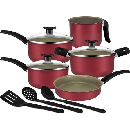 Jogo De Panelas Antiaderente Cereja 8 Pçs C/ Tampa De Vidro