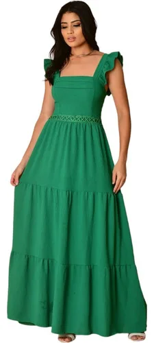 Vestido Longo Luxo Com Babada Na Mangas E Renda Na Cintura