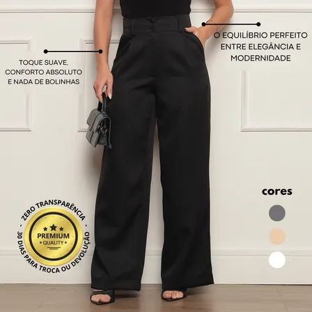 Calça Alfaiataria Feminina Wide Leg Social Cintura Alta