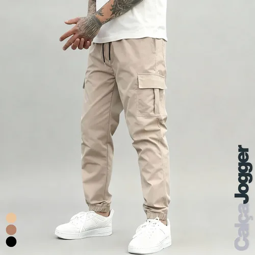 Calça Jogger Cargo Masculina Sarja Calca Streetwear Punho