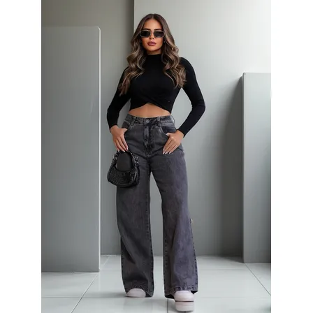 Calça Jeans Feminina Wide Leg Pantalona 100% Algodão