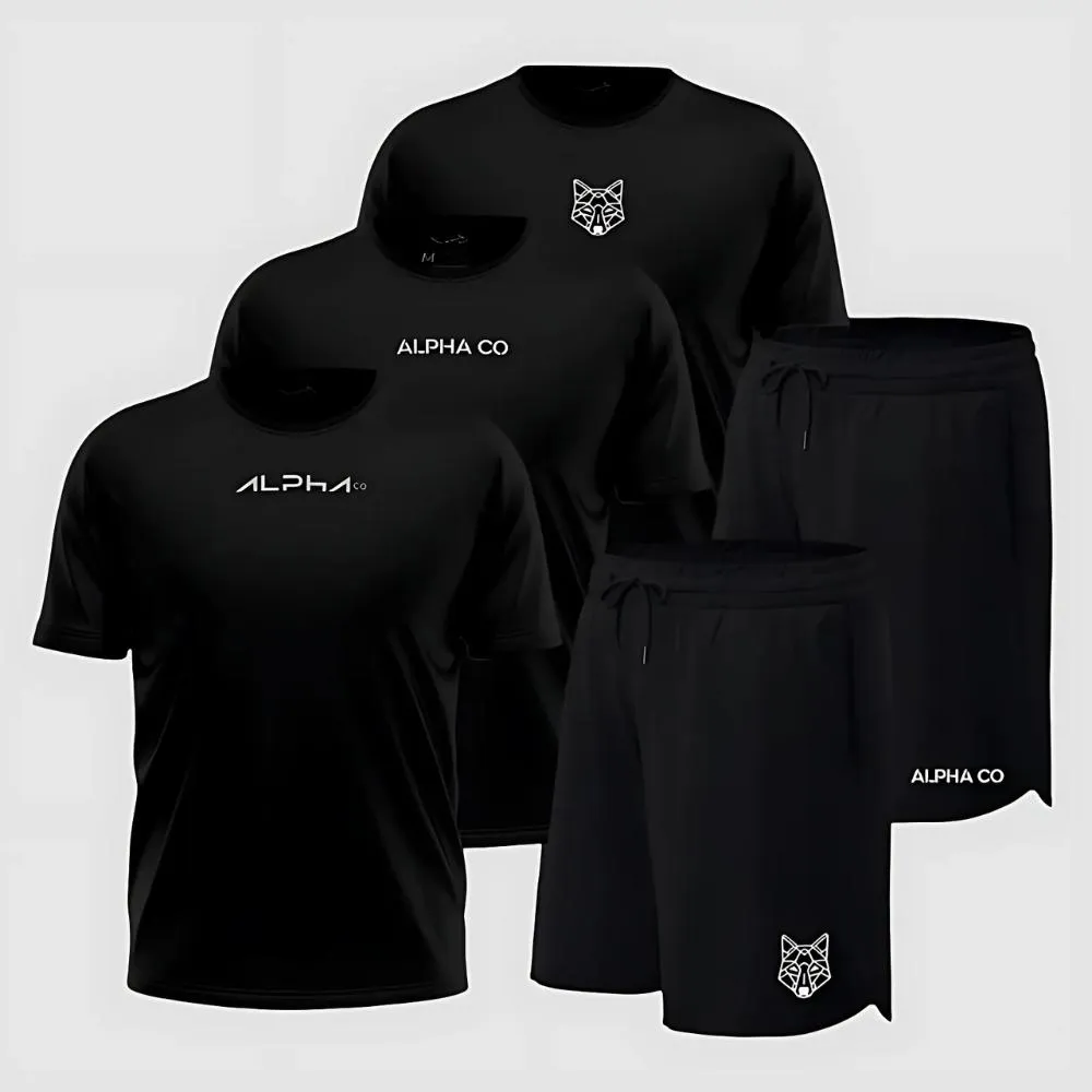 Kit 5 Peças All Black Dry 3 Camisetas E 2 Bermudas Alpha