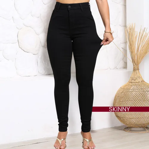 Calça Preta Jeans Feminina Com Elastano Cintura Alta Skinny
