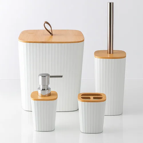 Kit Banheiro Completo Lixeira Porta Escova Sabonete Bambu