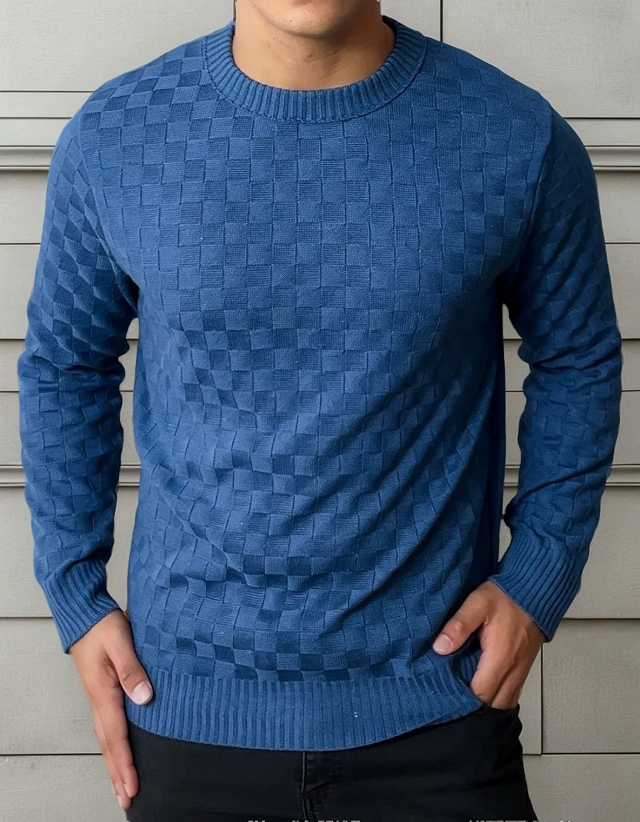 Suéter Masculino Lã Tricot Manga Longa Xadrez Blusa De Frio