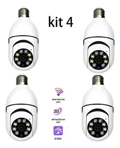 Kit 4 Câmeras Espiãs Lâmpada 1080p Wifi 360° Visão Noturna