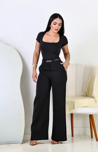 Calça Pantalona Alfaiataria Feminina Com Cinto Elegante Ful