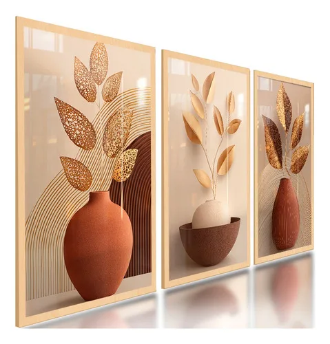 Quadros Decorativos Jarro De Barro Folhas Sala Kit 3 122x60