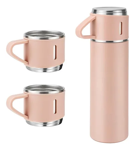 Kit Garrafa Térmica Inox Com 3 Xícaras Portátil Preto 500ml