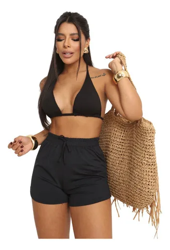 Biquini 3 Peças Conjunto Trikini Short Praia Tendência Moda