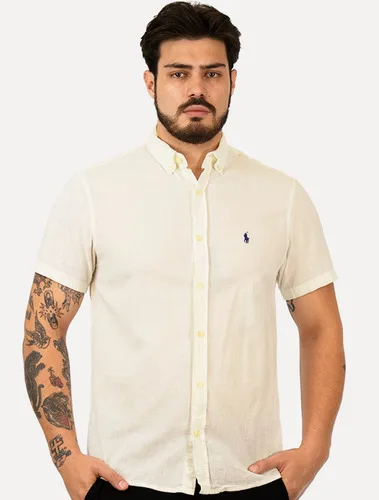Camisa Ralph Lauren Manga Curta Custom Fit Linho Off-white