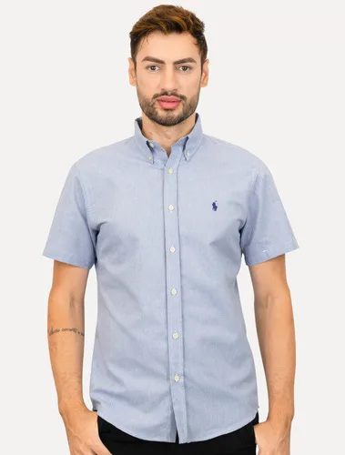 Camisa Ralph Lauren Manga Curta Oxford Logo Azul Mescla