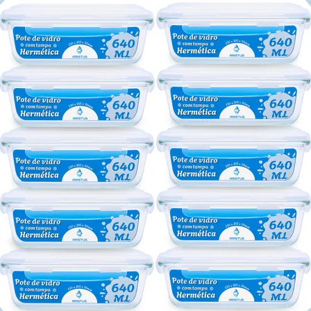 Kit 10 Potes Vidro 640ml Hermético Tampas 4 Travas Cozinha