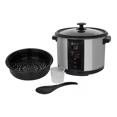 Panela Elétrica Electrolux Vapor Arroz 1,8L 10 xícaras Capacidade 4 funções pré-programadas Timer Panela Removível Antiaderente Tampa Vidro ECC20 inox