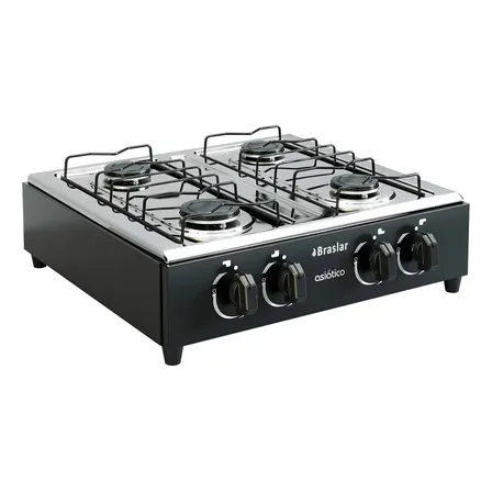 Fogão Cooktop De Mesa Portátil Asiático Com Mesa Inox 4 Bocas Á Gás Acendimento Manual Braslar Preto 127/220v