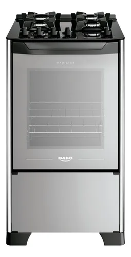 Fogão 4 Bocas Preto com Frente em Vidro Espelhado e Mesa de Vidro Dako Magister Style porta cega e Forno de 60L