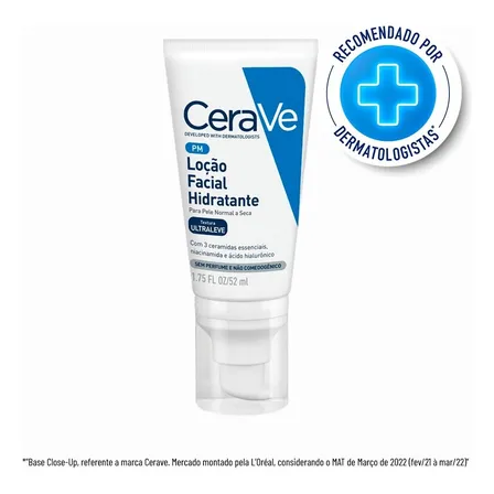 Loção Facial Hidratante PM, Textura Ultraleve, Hidratação Suave e Rápida Absorção, com Ceramidas Essenciais e Ácido Hialurônico, Sem Perfume e Hipoalergênica, CeraVe 52ml