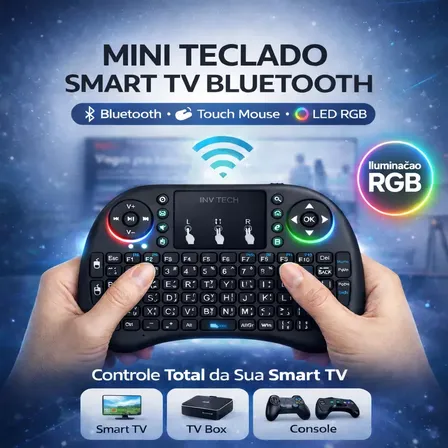 Mini Controle Teclado Bluetooth Sem Fio Para Smart Tv Box Pc Projetor Android Netflix Led Rgb Universal Com Função Mouse 10 Metros - Inv Tech