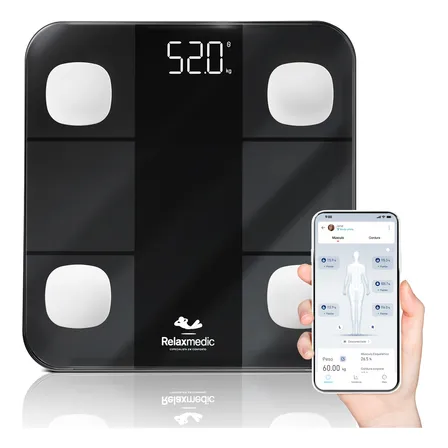 Balança Digital Corporal Bioimpedância Aplicativo Bluetooth Relaxmedic Preta