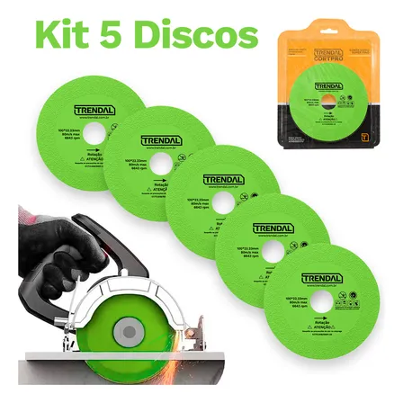 Kit 5 Discos de Corte Diamante Trendal Vidro Porcelanato Cerâmica 100mm