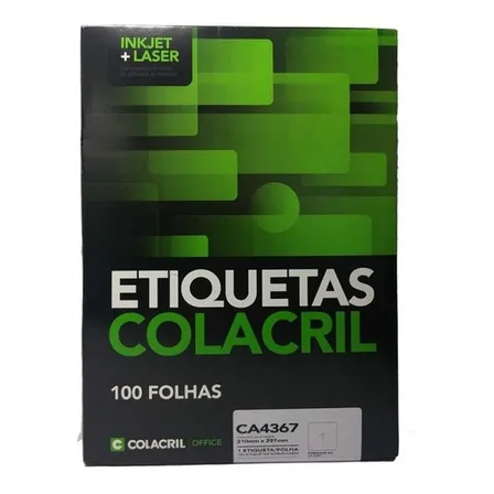 Etiqueta Adesiva Fosca A4 210x297mm 100 Folhas Impressora Colacril