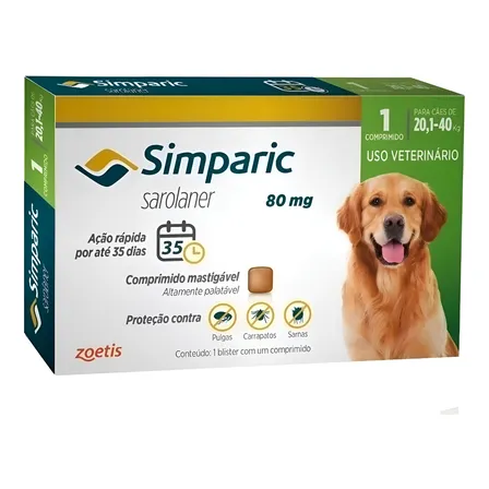 Simparic Caixa 1 Comprimido Cães 20 A 40 Kg 80 Mg Zoetis