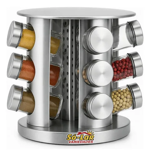 Porta Tempero Giratório 360 com 12 potes vidro suporte Sólar Variedades Utensílios