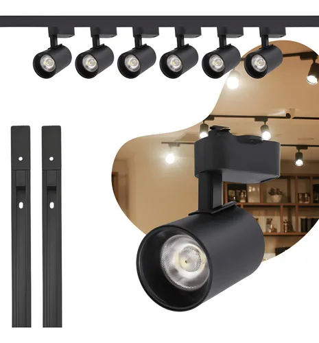 Kit Trilho Eletrificado 3m Preto + 6 Spots Led 10w Quente