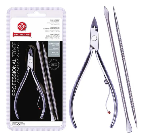 Kit Alicate + Palito + Empurrador Inox de Cutícula Professional 778EP Mundial Personal Care