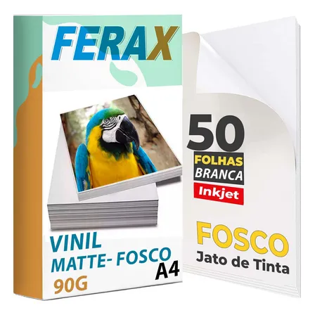 Vinil Adesivo Fosco Ferax A4 - 50 Folhas De 90g Branco Jato De Tinta - Papel Vinil Adesivo Matte