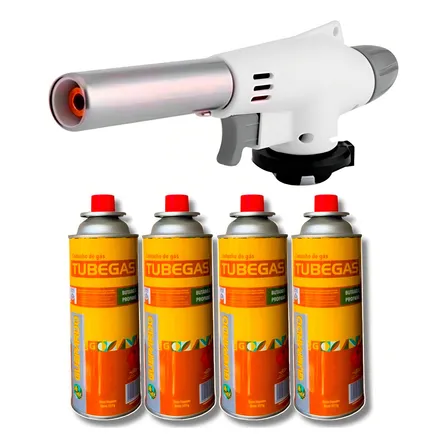 Kit Maçarico Culinário Profissional Starfer + 4 Refil Gás Ntk Amarelo Escuro