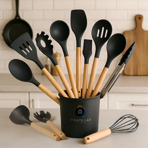 Kit 12 Utensílios De Cozinha Silicone Cabo Madeira Antiaderente Resistente Alta Temperatura Gourmet Conjunto Completo Ideal Para Preparos Seguros e Duradouros Ponte Lar Utilidades