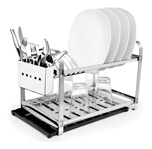 Escorredor De Loucas Inox 16 Pratos C/ Porta Talher Bandeja Cor Preto