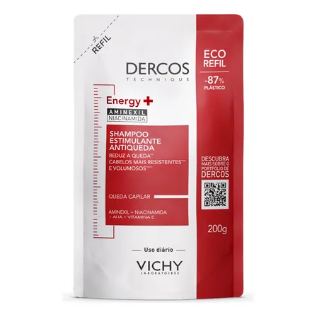 Refil Shampoo Estimulante Tratamento Antiqueda Energy+ Para Cabelos Fracos E Quebradiços, Fortalece Os Fios Com Aminexil, Aha, Niacinamida E Vitamina E, Dercos Vichy 200g