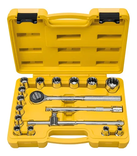 Jogo De Soquetes Estriados Encaixe 1/2'' 17 Peças Tramontina Cor Amarelo/Cinza