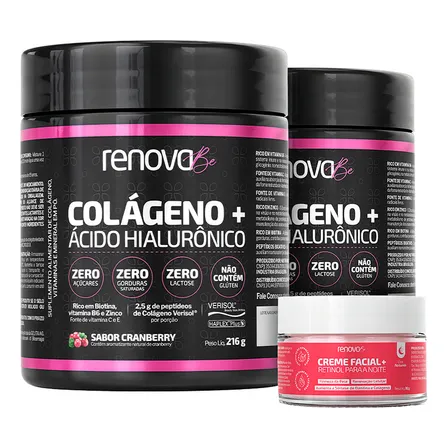 Kit 2x Colágeno + Ácido Hialurônico Verisol Renova Be Colágeno Hidrolisado Zero Lactose Vitaminas E, C, B6 Biotina E Zinco + Creme Cranberry