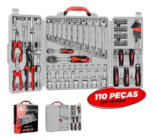 Kit Maleta Ferramentas 110 Peças Worker Cromo-Vanádio Soquetes