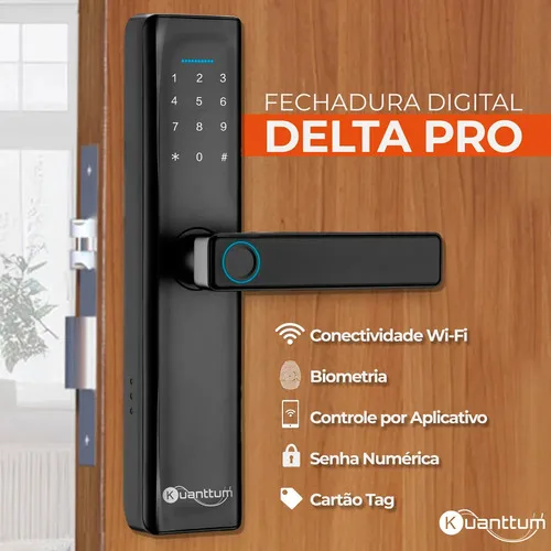 Fechadura Digital Biométrica Kuanttum Delta Pro Wifi Senha App Tuya Preta Preto