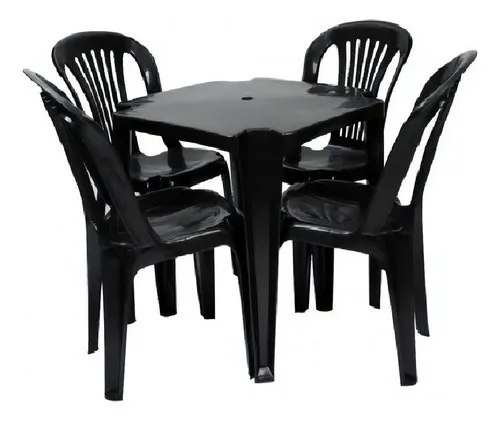 Jr Plasticos Kit Mesa Plástico Quadrada Preta com 4 Cadeiras Bistrô 70cm